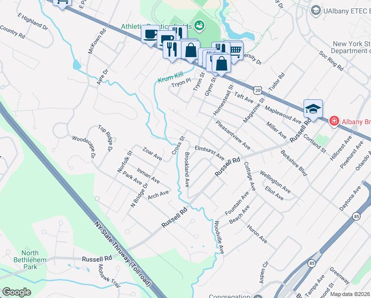map of restaurants, bars, coffee shops, grocery stores, and more near 54 Elmhurst Avenue in Albany