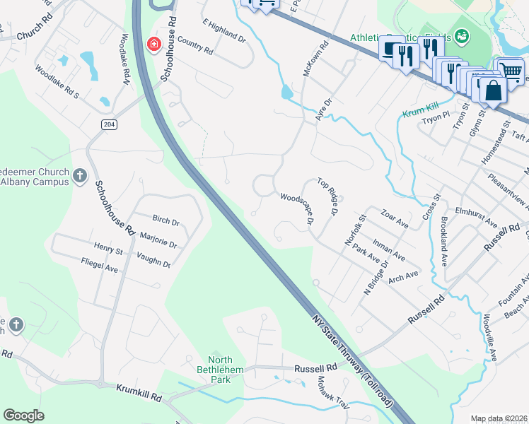 map of restaurants, bars, coffee shops, grocery stores, and more near 526 Townwood Drive in Albany