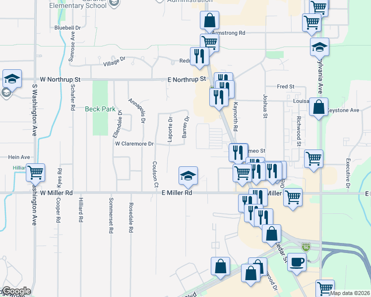 map of restaurants, bars, coffee shops, grocery stores, and more near 214 East Claremore Drive in Lansing