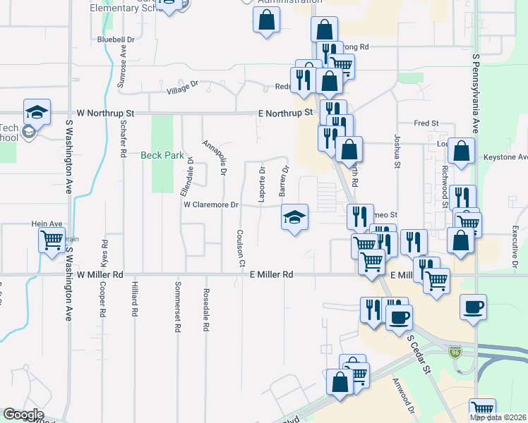 map of restaurants, bars, coffee shops, grocery stores, and more near 214 East Claremore Drive in Lansing