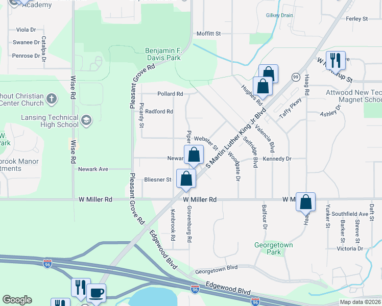map of restaurants, bars, coffee shops, grocery stores, and more near 2130 Newark Avenue in Lansing