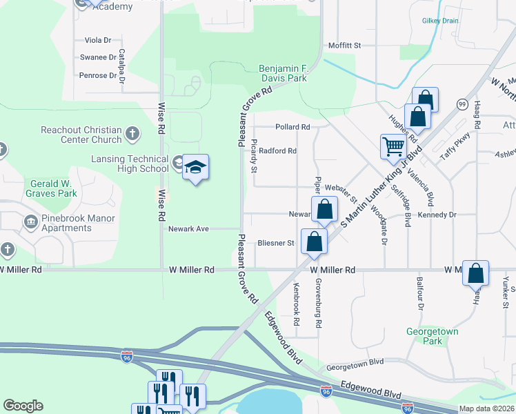 map of restaurants, bars, coffee shops, grocery stores, and more near 2500 Newark Avenue in Lansing