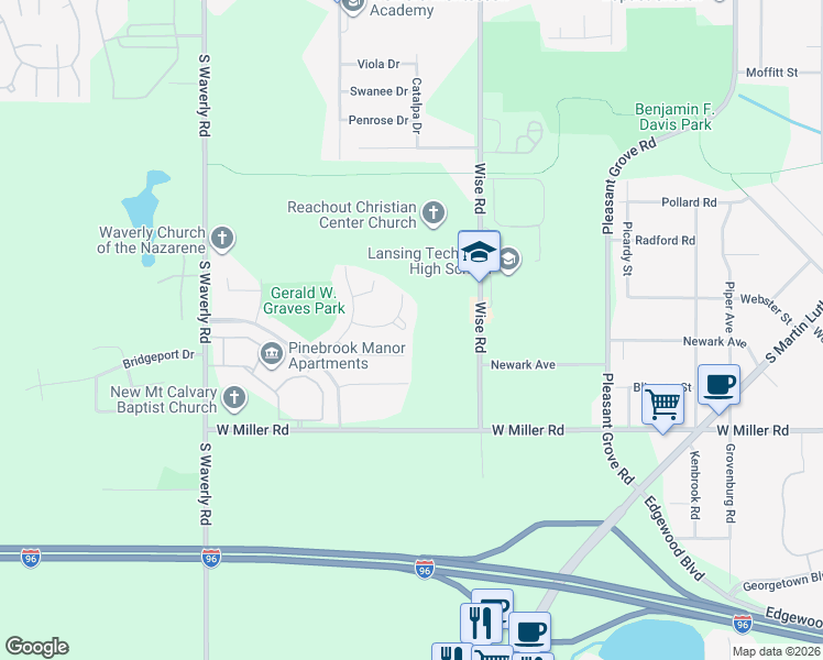 map of restaurants, bars, coffee shops, grocery stores, and more near 3337 Radford Drive in Lansing