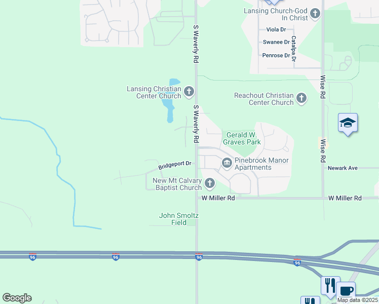 map of restaurants, bars, coffee shops, grocery stores, and more near 5919 South Waverly Road in Lansing