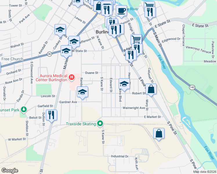 map of restaurants, bars, coffee shops, grocery stores, and more near 348 South Kane Street in Burlington