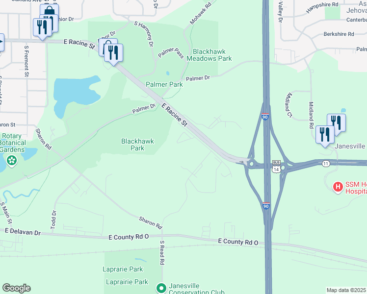 map of restaurants, bars, coffee shops, grocery stores, and more near 2608 East Racine Street in Janesville
