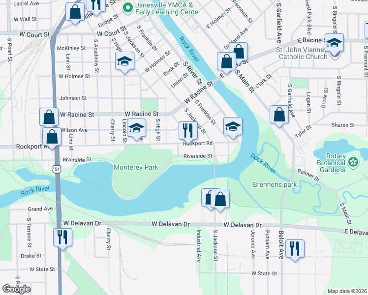 map of restaurants, bars, coffee shops, grocery stores, and more near 317 Rockport Road in Janesville