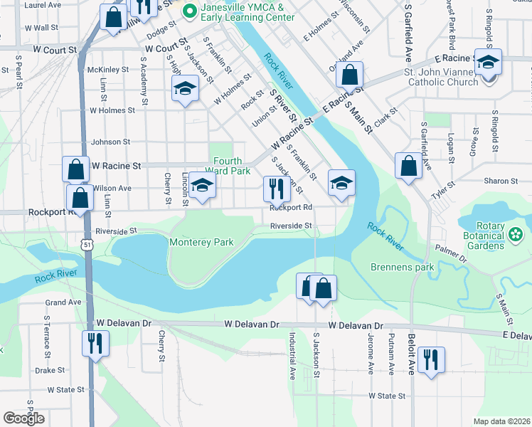 map of restaurants, bars, coffee shops, grocery stores, and more near 317 Rockport Road in Janesville