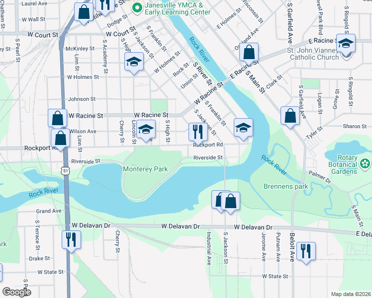 map of restaurants, bars, coffee shops, grocery stores, and more near 317 Rockport Road in Janesville