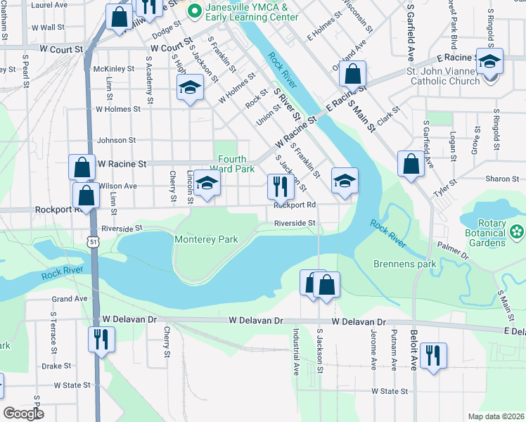 map of restaurants, bars, coffee shops, grocery stores, and more near 317 Rockport Road in Janesville