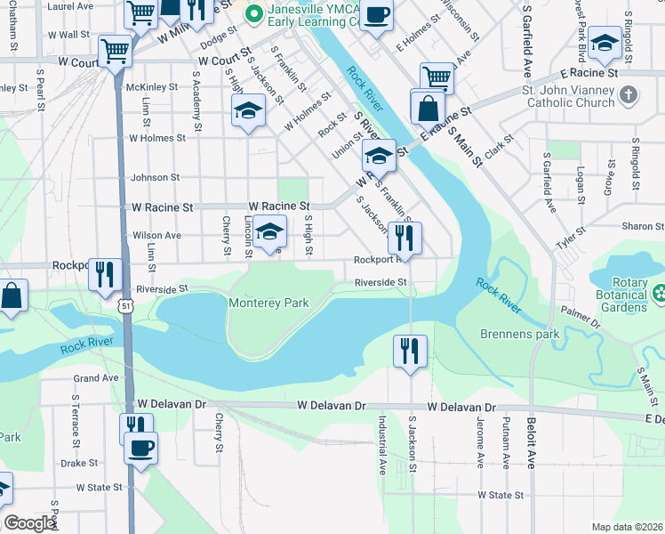 map of restaurants, bars, coffee shops, grocery stores, and more near 369 Rockport Road in Janesville