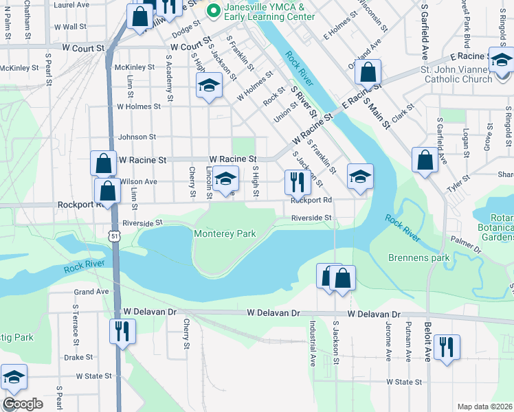map of restaurants, bars, coffee shops, grocery stores, and more near 369 Rockport Road in Janesville