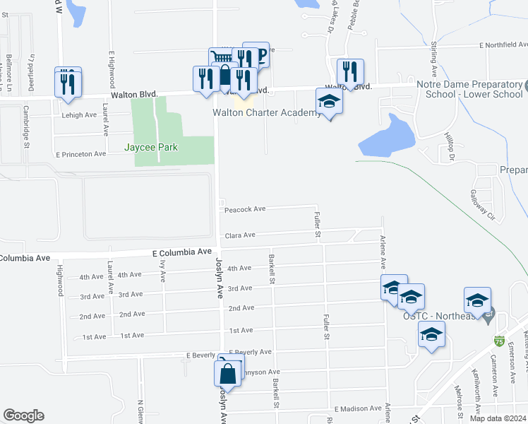 map of restaurants, bars, coffee shops, grocery stores, and more near 618 Peacock Avenue in Pontiac