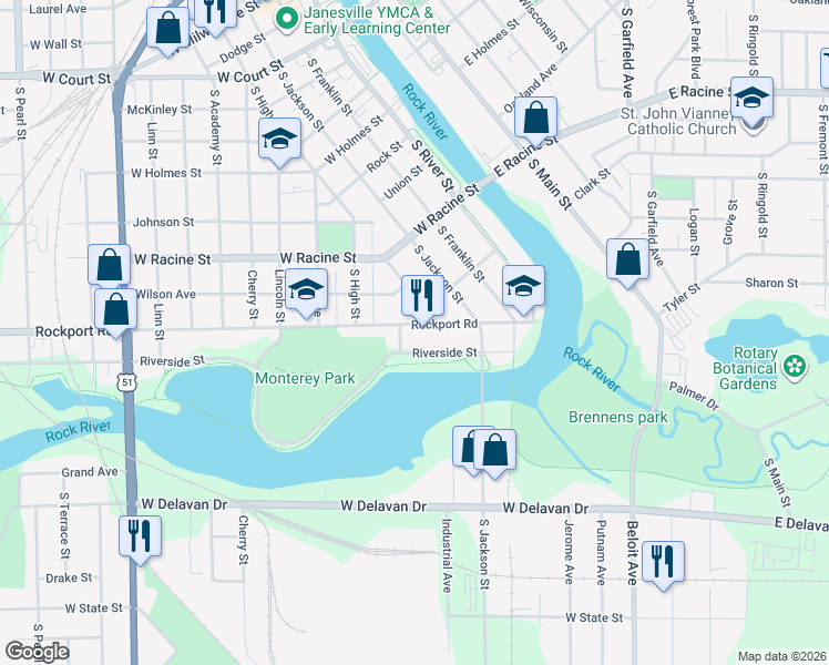 map of restaurants, bars, coffee shops, grocery stores, and more near 317 Rockport Road in Janesville