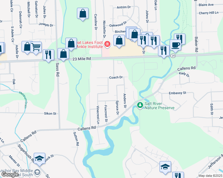 map of restaurants, bars, coffee shops, grocery stores, and more near 50544 Leeward Drive in New Baltimore
