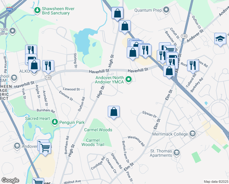 map of restaurants, bars, coffee shops, grocery stores, and more near 12 Longwood Drive in Andover