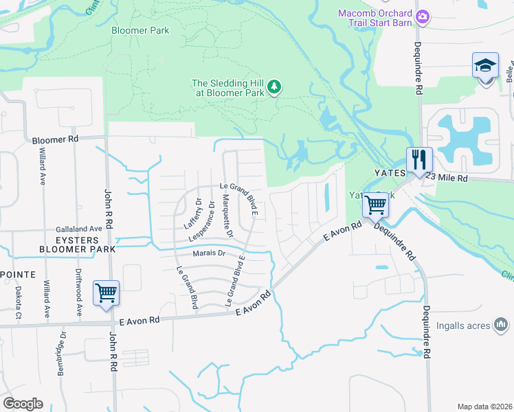 map of restaurants, bars, coffee shops, grocery stores, and more near 401-417 Le Grande Boulevard East in Rochester Hills