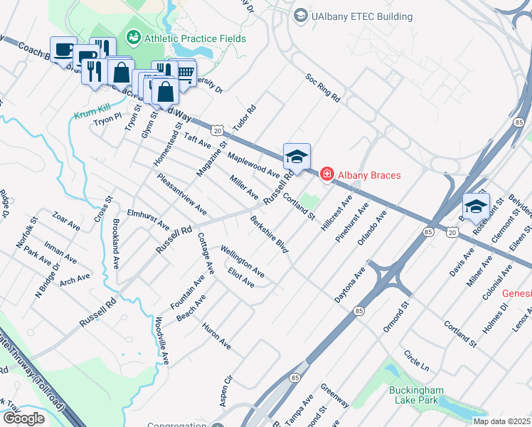 map of restaurants, bars, coffee shops, grocery stores, and more near 49 Russell Blessing Road in Albany