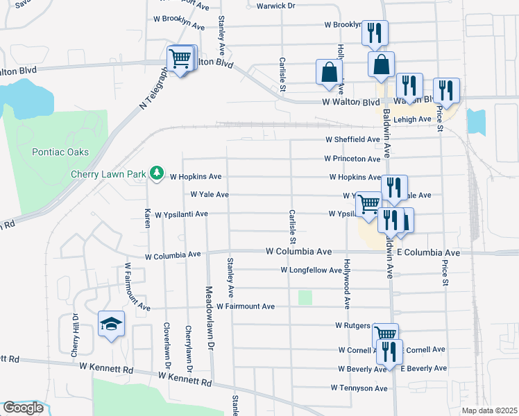 map of restaurants, bars, coffee shops, grocery stores, and more near 224 West Ypsilanti Avenue in Pontiac