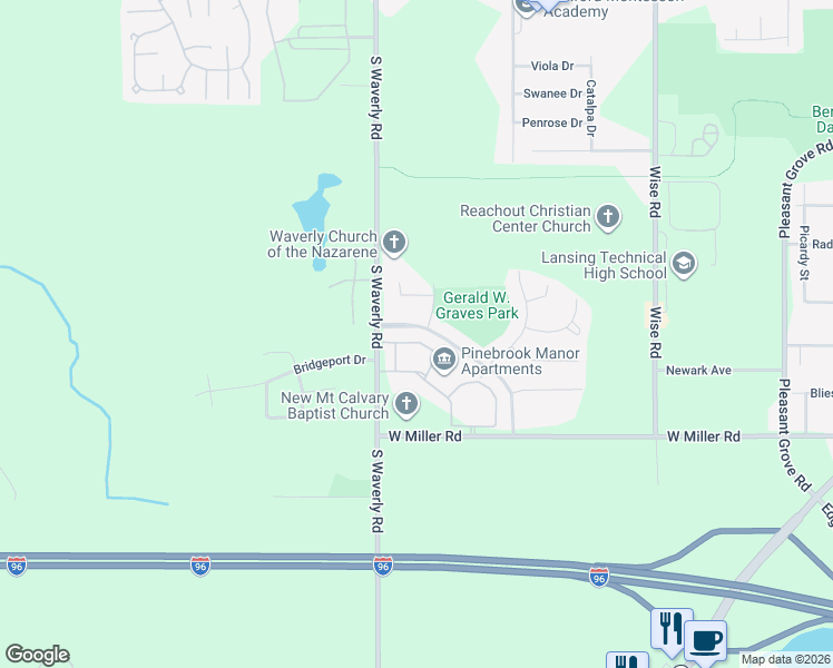 map of restaurants, bars, coffee shops, grocery stores, and more near 3709 Coachlight Common Street in Lansing