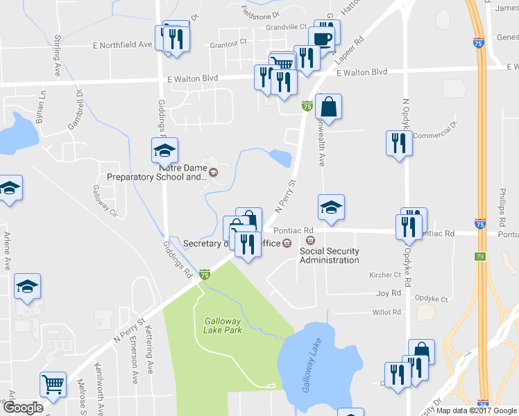 map of restaurants, bars, coffee shops, grocery stores, and more near 1675 North Perry Street in Pontiac