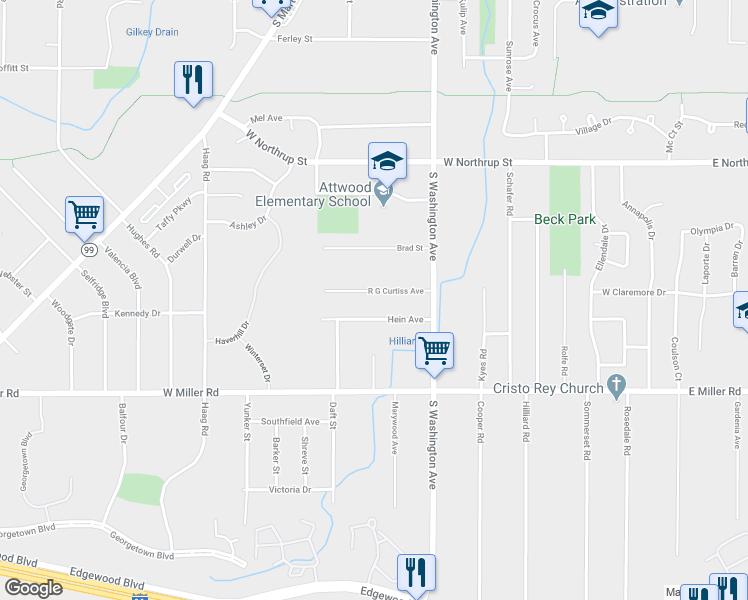 map of restaurants, bars, coffee shops, grocery stores, and more near 923 R G Curtiss Avenue in Lansing
