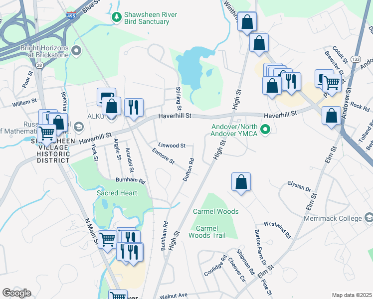 map of restaurants, bars, coffee shops, grocery stores, and more near 56 Dufton Road in Andover