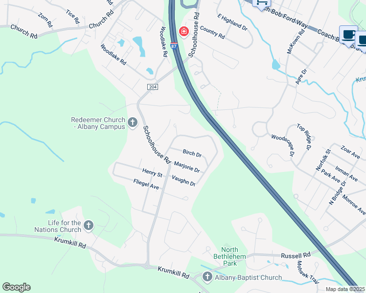 map of restaurants, bars, coffee shops, grocery stores, and more near 6 Birch Drive in Albany