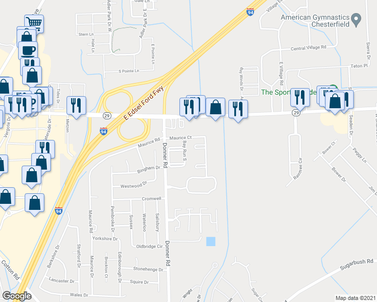 map of restaurants, bars, coffee shops, grocery stores, and more near 50478 Bay Run South in New Baltimore