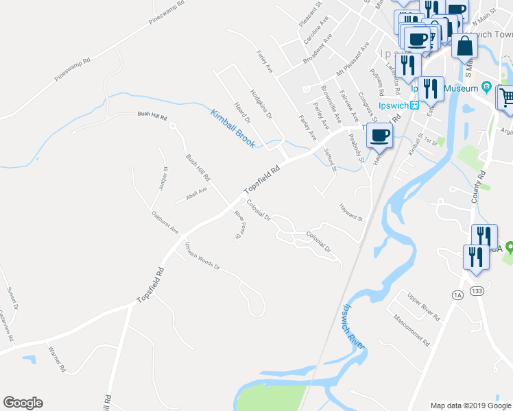 map of restaurants, bars, coffee shops, grocery stores, and more near 76 Colonial Drive in Ipswich