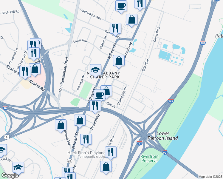 map of restaurants, bars, coffee shops, grocery stores, and more near 1233 Broadway in Menands