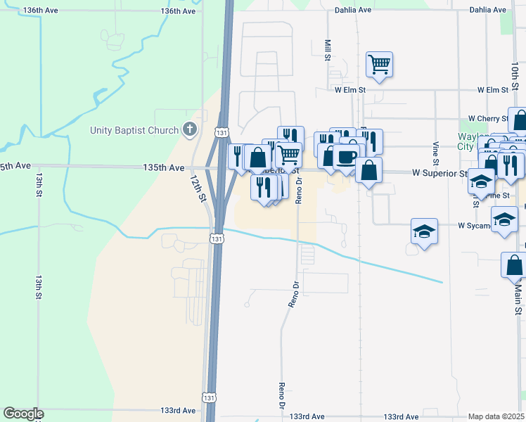 map of restaurants, bars, coffee shops, grocery stores, and more near 322 Reno Drive in Wayland