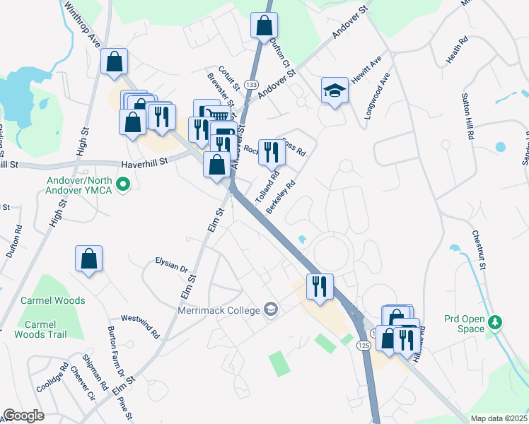 map of restaurants, bars, coffee shops, grocery stores, and more near 6 Berkeley Road in North Andover