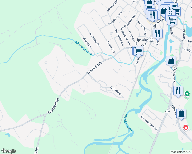 map of restaurants, bars, coffee shops, grocery stores, and more near 100 Colonial Drive in Ipswich