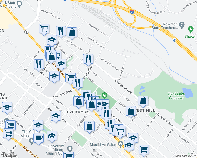map of restaurants, bars, coffee shops, grocery stores, and more near 633 2nd Street in Albany
