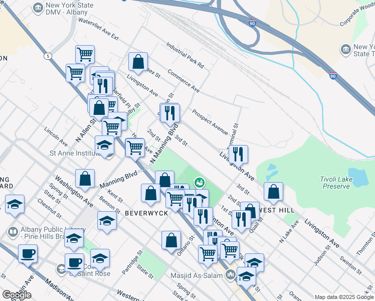 map of restaurants, bars, coffee shops, grocery stores, and more near 633 2nd Street in Albany