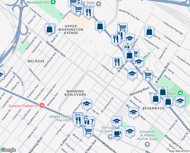 map of restaurants, bars, coffee shops, grocery stores, and more near 253 Manning Boulevard in Albany