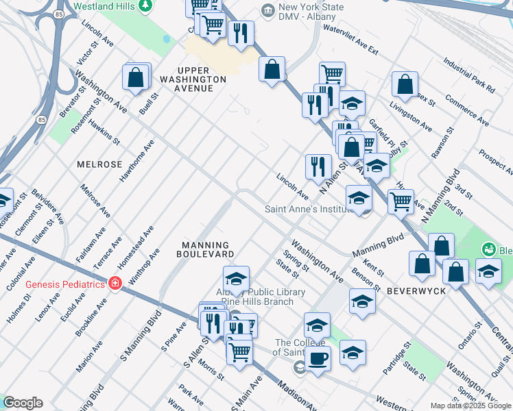 map of restaurants, bars, coffee shops, grocery stores, and more near 253 Manning Boulevard in Albany