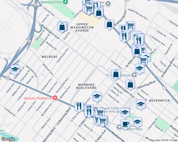 map of restaurants, bars, coffee shops, grocery stores, and more near 140 Manning Boulevard in Albany