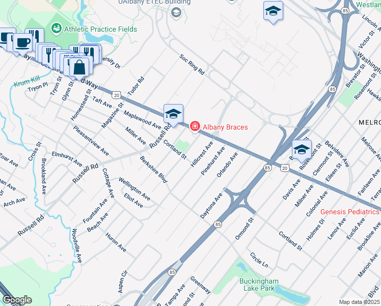 map of restaurants, bars, coffee shops, grocery stores, and more near 27 Beacon Avenue in Albany