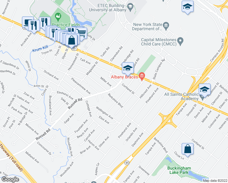 map of restaurants, bars, coffee shops, grocery stores, and more near 49 Russell Blessing Road in Albany