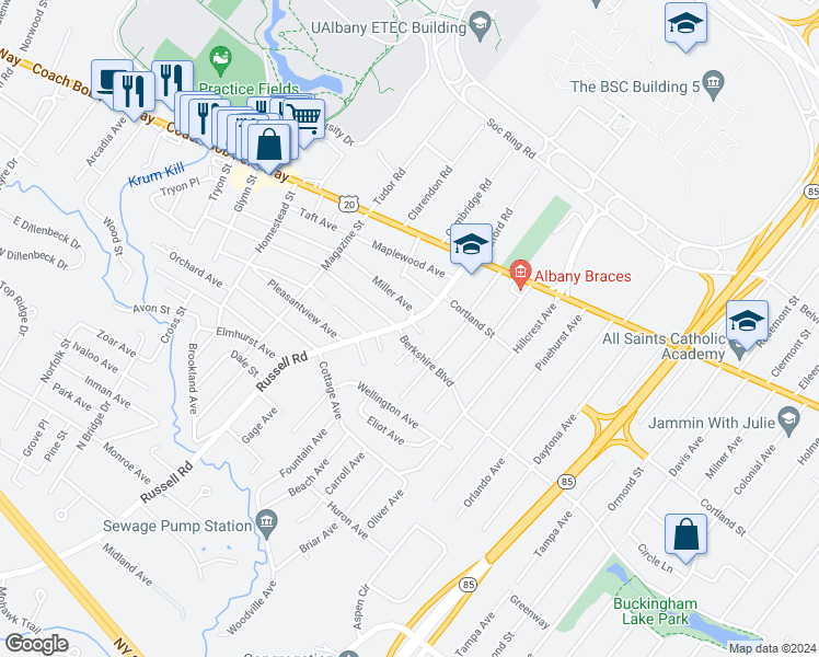 map of restaurants, bars, coffee shops, grocery stores, and more near 49 Russell Blessing Road in Albany