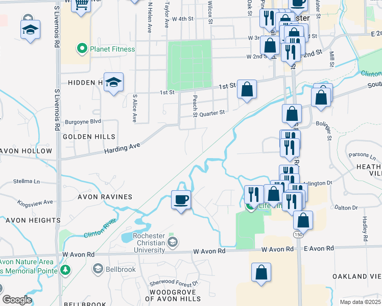 map of restaurants, bars, coffee shops, grocery stores, and more near 603 Flora Valley Court in Rochester Hills