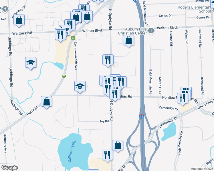 map of restaurants, bars, coffee shops, grocery stores, and more near 2175 Pontiac Road in Auburn Hills