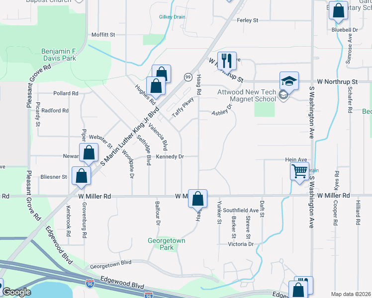 map of restaurants, bars, coffee shops, grocery stores, and more near 5936 Hughes Road in Lansing