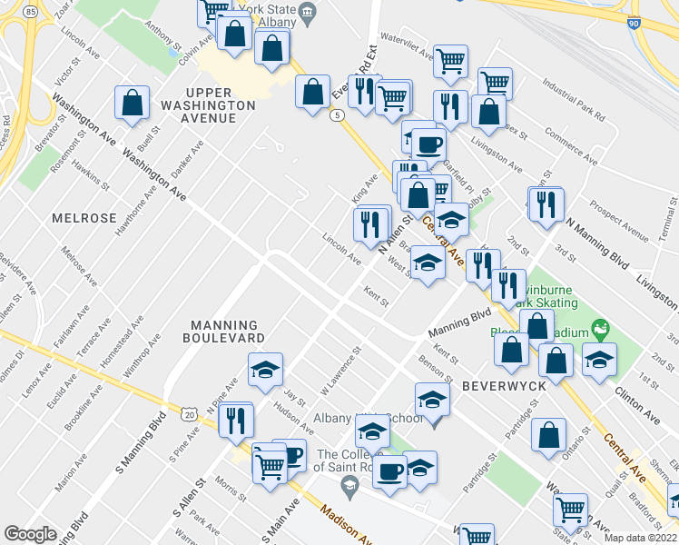 map of restaurants, bars, coffee shops, grocery stores, and more near 18 Buchanan Street in Albany