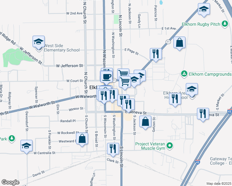 map of restaurants, bars, coffee shops, grocery stores, and more near 102 East Walworth Street in Elkhorn