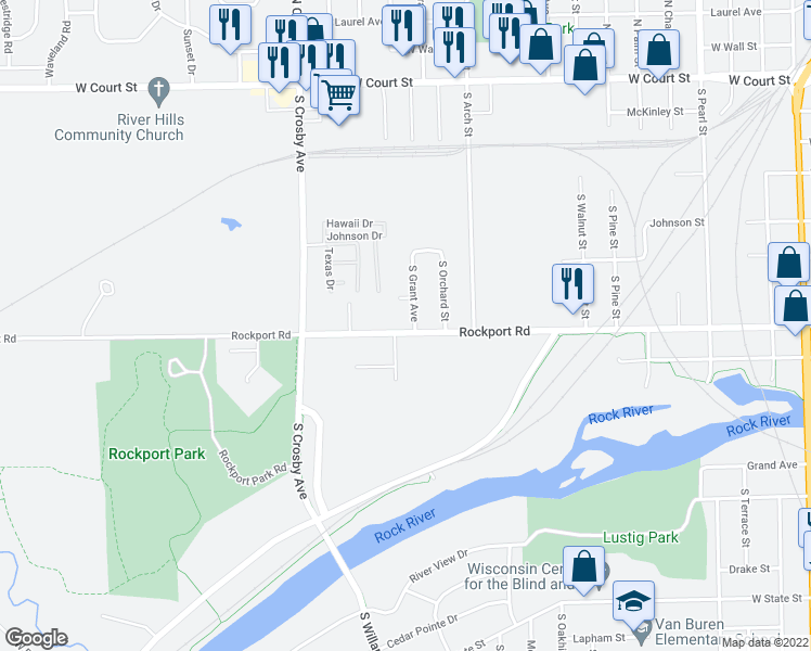 map of restaurants, bars, coffee shops, grocery stores, and more near 2206 Rockport Road in Janesville