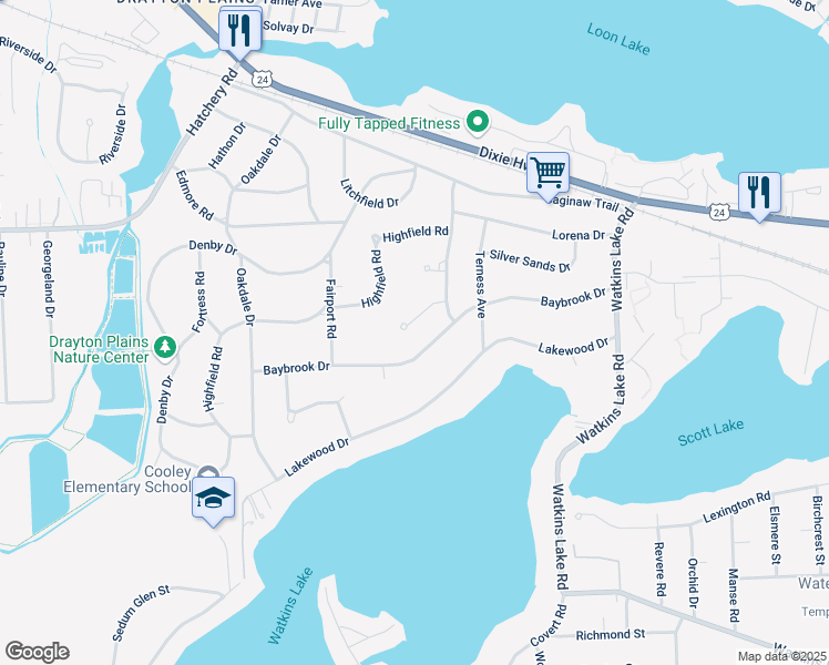 map of restaurants, bars, coffee shops, grocery stores, and more near 3959 Coventry Valley Road in Waterford Township