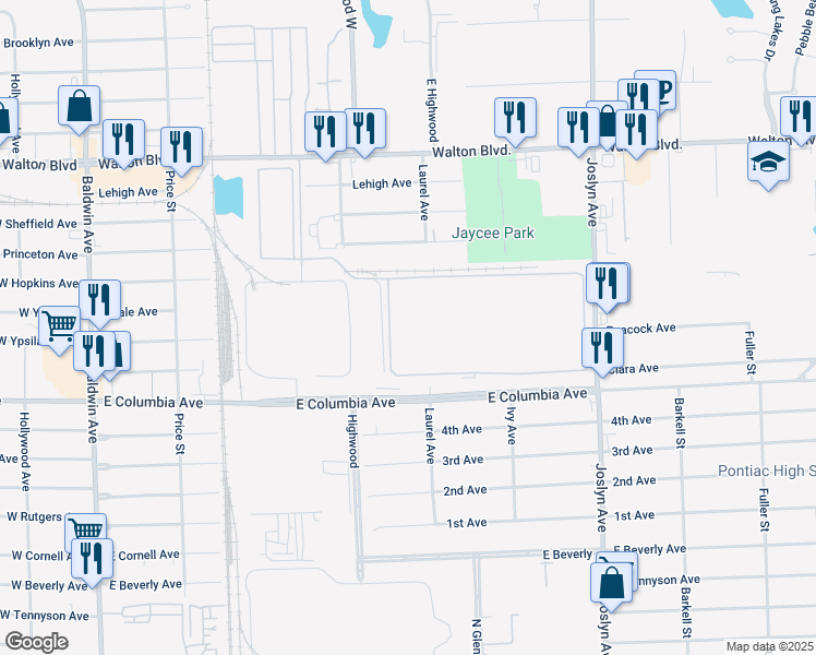 map of restaurants, bars, coffee shops, grocery stores, and more near in Pontiac